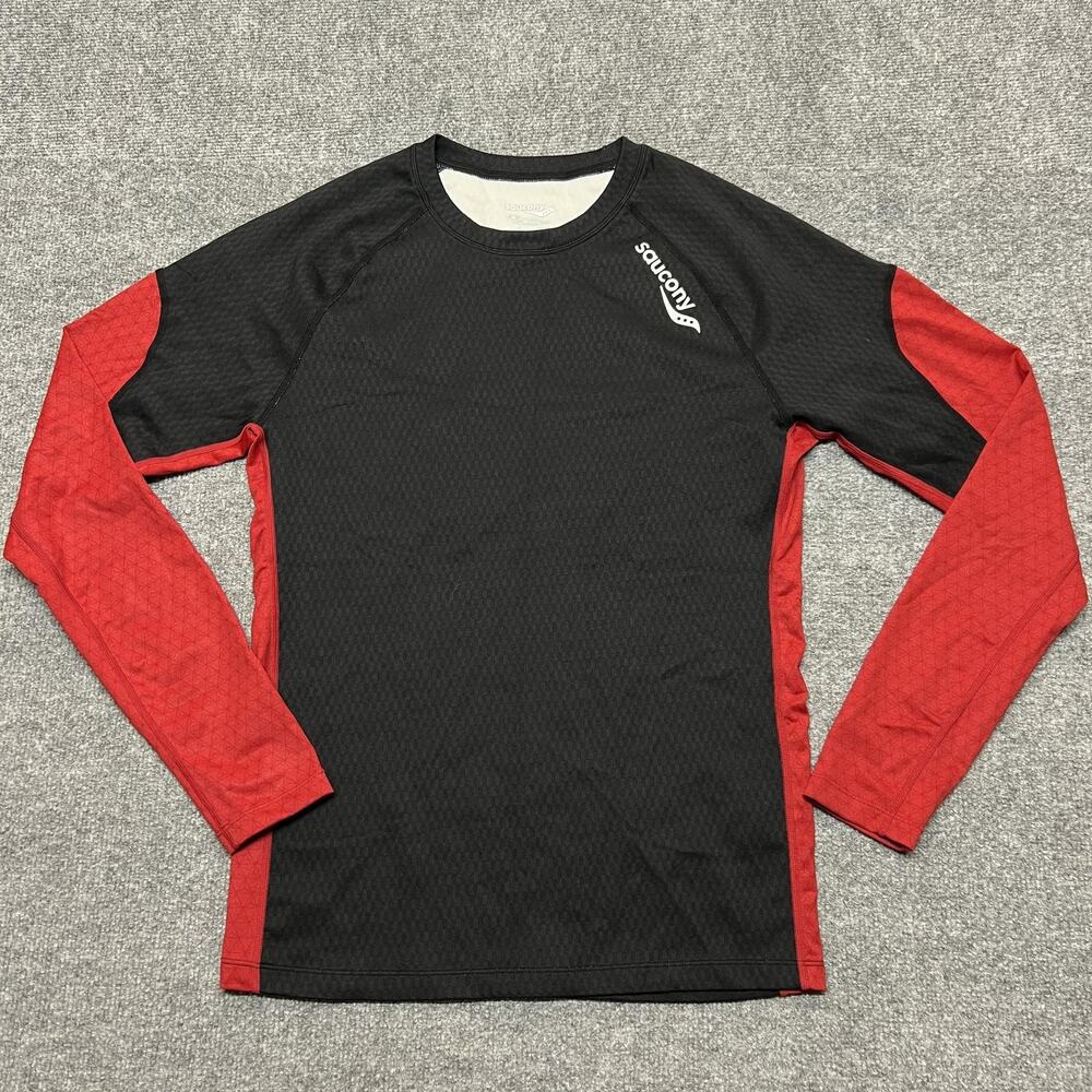 Saucony Shirt Mens XL Black Red Long Sleeve Athletic Running Colorblock Tee Top